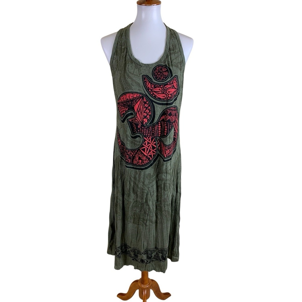 Babu Boho Green Om Symbol Sleeveless Midi Dress Festival Hippie Cotton Large
